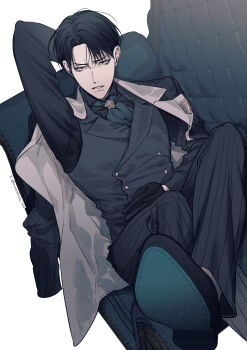 1boy alternate_costume arms_behind_head ascot black_gloves black_hair black_pants black_shoes coat coat_on_shoulders gloves green_ascot hashtag-only_commentary highres levi_(shingeki_no_kyojin) looking_at_viewer lovewithyou_159 male_focus pants parted_lips shingeki_no_kyojin shoe_soles shoes short_hair solo striped_clothes striped_pants survey_corps_(emblem) teeth vertical-striped_clothes vertical-striped_pants vest waistcoat
