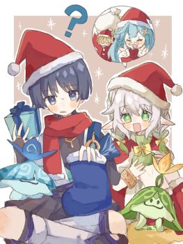 2boys 2girls ? alternate_costume aqua_hair aqua_kimono arama_(genshin_impact) aranara_(genshin_impact) ararycan_(genshin_impact) arms_up black_bodysuit black_bow black_bridal_gauntlets black_shorts blonde_hair blue_cape blue_gem blue_ribbon blunt_ends blush bodysuit boots border bow box bracelet braid bridal_gauntlets brown_background cape center-flap_bangs christmas christmas_stocking closed_eyes commentary_request cross-shaped_pupils diffraction_spikes double_v facing_viewer fake_facial_hair fake_mustache faruzan_(genshin_impact) fingernails fur-trimmed_boots fur-trimmed_cape fur-trimmed_headwear fur_trim gem genshin_impact gift gift_box gold gold_ring green_eyes green_hair green_pupils grey_eyes grey_hair grey_pupils hair_between_eyes hair_bow hair_ornament hakama hakama_shorts hand_up hat highres holding holding_gift holding_sack indian_style jacket japanese_clothes jewelry juban kaveh_(genshin_impact) kimono knees_up leg_warmers long_hair long_sleeves looking_at_viewer low_twin_braids middle_ring mugi062 multicolored_hair multiple_boys multiple_girls nahida_(genshin_impact) official_alternate_hairstyle open_clothes open_hand open_kimono open_mouth pleated_shorts pointy_ears pom_pom_(clothes) red_boots red_cape red_hat red_jacket red_scarf red_sleeves ribbon sack santa_costume santa_hat scaramouche_(genshin_impact) scarf short_sleeves shorts sidelocks sitting spoken_character streaked_hair sweatdrop symbol-shaped_pupils tareme toeless_legwear toes twin_braids twintails v wanderer_(genshin_impact) white_border white_hair white_kimono white_leg_warmers white_sleeves white_trim wispy_bangs x_hair_ornament yellow_bow