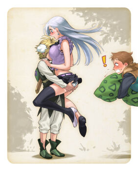 ! 10s 1girl 2boys ass asymmetrical_clothes asymmetrical_footwear between_breasts black_skirt black_thighhighs blonde_hair blood blue_eyes blush boots breasts brown_eyes brown_hair clothes_lift earrings elizabeth_liones embarrassed floating frills grabbing_another&#039;s_ass groping head_between_breasts held_up high_heels hugging_object jewelry king_(nanatsu_no_taizai) legs leoneth_elizabeth long_hair meliodas midriff miniskirt mismatched_footwear multiple_boys nanatsu_no_taizai nosebleed panties pantyshot pillow pillow_hug seven_deadly_sins shigoroo shirt shoes short_hair silver_hair skirt skirt_lift thighhighs thighs underwear upskirt white_panties