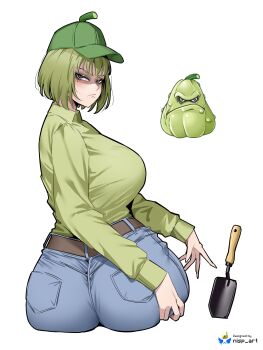 Rule 34 | 1girl, absurdres, artist name, ass, belt, blue pants, closed mouth, commentary, cowboy shot, cropped legs, denim, english commentary, from behind, genderswap, genderswap (mtf), green hair, green hat, green shirt, hand on own ass, hat, highres, jeans, looking at viewer, looking back, medium hair, mole, mole under eye, mole under mouth, nisp art, official art inset, open hand, pants, personification, plants vs. zombies, pocket, reference inset, shirt, simple background, solo, squash, squash (plants vs. zombies), trowel, tsurime, white background, wing collar