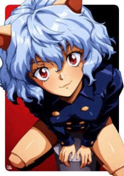 Rule 34 | 1990s (style), 1girl, animal ears, artist name, blue hair, blue jacket, border, breasts, brown shorts, brown socks, buttons, cat ears, cat girl, closed mouth, covered erect nipples, double-breasted, drop shadow, female focus, from above, genderswap, genderswap (otf), gravydood, hair between eyes, happy, hunter x hunter, jacket, joints, leaning forward, long sleeves, looking at viewer, neferpitou, outside border, pole, red background, red eyes, retro artstyle, shiny skin, short hair, short shorts, shorts, sidelocks, signature, simple background, sitting, small breasts, smile, socks, solo, spread legs, thighs, two-tone background, white border