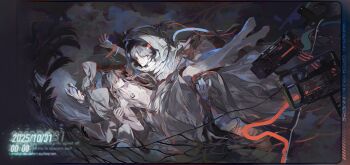 2boys absurdres alternate_costume alternate_hair_length alternate_hairstyle alternate_universe astronaut barefoot bed_sheet black_eyes blanket brown_hair cable carrying cloak commission couple dated english_text floating hair_down headband helmet highres lan_wangji long_hair looking_at_another machine male_focus modao_zushi multiple_boys naked_sheet nude open_mouth parted_lips phsm princess_carry second-party_source short_hair space space_helmet spacesuit timestamp wei_wuxian white_headband yaoi yellow_eyes zero_gravity