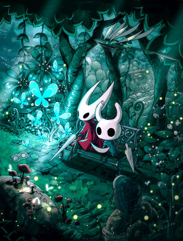 Rule 34 | 1girl, 1other, aluba (hollow knight), bench, blue butterfly, bug, butterfly, cloak, commentary, egg, fireflies, firefly, flying, glowing, grass, highres, holding, holding map, hollow eyes, hollow knight, hornet (hollow knight), insect, knight (hollow knight), letter, mamoru mikokoro, map, mushroom, nail (hollow knight), nature, needle (hollow knight), old nail (hollow knight), paper, revision, shell, sitting, sunlight, sword, tree, weapon