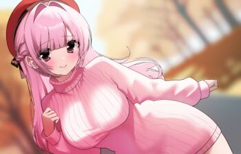 1girl beret blurry blurry_background blush braid breasts closed_mouth cowboy_shot hair_between_eyes hair_intakes half_up_half_down_braid hat highres large_breasts long_hair looking_at_viewer original pink_hair pink_sweater red_hat smile solo sweater usausausabarasi