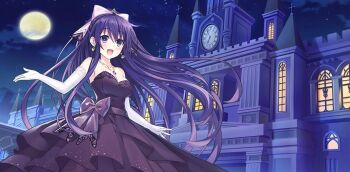 1girl bow breasts building clock clock_tower date_a_live date_a_live:_spirit_pledge dress earrings elbow_gloves frills full_moon game_cg gloves hair_bow jewelry long_hair looking_at_viewer medium_breasts moon muntins night official_alternate_costume official_art open_mouth outdoors purple_dress purple_eyes purple_hair smile solo star_(sky) third-party_source tower window yatogami_tohka