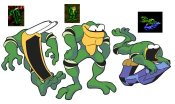 1boy arms_at_sides battletoads bulging_eyes colored_skin creature elbow_pads eye_pop frog from_side full_body gashi-gashi green_skin knee_pads legs_apart male_focus multiple_views open_mouth reference_work simple_background standing surprised yellow_skin zitz_(battletoads)