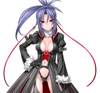 1girl arm_belt black_gloves black_panties blue_hair breasts breasts_apart cleavage coat corruption dark_persona earrings frown fur_trim game_cg garter_belt gloves hand_on_own_hip higuchi_isami jewelry long_hair long_sleeves looking_at_viewer mahou_shoujo_sae medium_breasts murakami_shizuru navel non-web_source official_art panties ponytail purple_hair red_eyes solo thighhighs transparent_background underwear variant_set