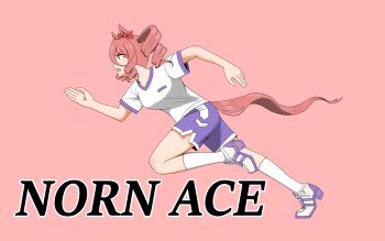 Rule 34 | absurdres, animal ears, blue shorts, bow, brown hair, character name, drill hair, drill sidelocks, ear bow, from side, frown, gym shirt, gym shorts, gym uniform, highres, horse ears, horse hood, horse tail, igouichigata, kasamatsu tracen training uniform, medium hair, norn ace (umamusume), open mouth, pink background, red bow, shirt, shoes, short sleeves, shorts, side drill, sidelocks, simple background, socks, t-shirt, tail, white shirt, white shoes, white socks