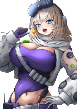 1girl aa-12_(girls&#039;_frontline) absurdres ahoge alternate_breast_size_(larger) asymmetrical_gloves belt_around_waist blonde_hair blue_eyes blunt_ends breasts candy cleavage clothing_cutout food girls&#039;_frontline girls&#039;_frontline_2:_exilium gloves goggles goggles_on_head hand_on_own_hip head-mounted_display highres holding holding_candy holding_food holding_lollipop huge_breasts lind_(girls&#039;_frontline_2) lollipop looking_at_viewer medium_hair mismatched_gloves navel puffy_sleeves purple_gloves scarf solo vest white_background white_gloves white_scarf white_vest zion_rss