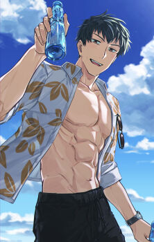 1boy abs absurdres black_shorts blue_sky bottle chaldea_u-summer_island cloud commentary_request fate/grand_order fate_(series) grey_hair hawaiian_shirt highres holding holding_bottle male_focus mimino_mimizu9 navel open_clothes open_mouth open_shirt pectorals ramune saitou_hajime_(fate) saitou_hajime_(the_grinning_man_of_the_beach)_(fate) shirt shorts sky solo summer sunglasses watch wristwatch