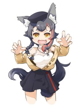 Rule 34 | 1girl, :d, animal ear fluff, animal ears, asymmetrical sidelocks, bare shoulders, beret, black hair, black hat, black skirt, braid, braided sidelock, breasts, brown cardigan, cardigan, claw pose, commentary request, cowboy shot, cropped legs, deformed, double-parted bangs, drooling, fang, fingernails, hair ornament, hairclip, halter shirt, halterneck, hat, highres, hololive, jewelry, kaerun, legs apart, long hair, long sidelocks, looking at viewer, low ponytail, medium breasts, miniskirt, mouth drool, necklace, off shoulder, official alternate costume, official alternate hairstyle, ookami mio, ookami mio (street), open cardigan, open clothes, open mouth, ponytail, red streaks, shirt, side braid, sidelocks, silver necklace, simple background, single hair streak, skin fang, skirt, sleeveless, sleeveless shirt, smile, solo, tail, tail around own leg, tail wrap, v-shaped eyebrows, very long hair, virtual youtuber, white background, white shirt, wolf ears, wolf girl, wolf tail, yellow eyes