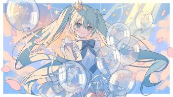 1girl absurdres balloon blue_bow blue_bowtie blush_stickers border bow bowtie chou_eshi_ten_~if_no_gakkyoku_sekai_ten~ closed_mouth cloud commentary_request crown dot_nose falling_petals green_eyes green_hair hair_between_eyes hatsune_miku highres long_hair long_sleeves looking_at_viewer moo_n_moko outside_border own_hands_together petals shirt smile solo twintails upper_body vocaloid white_border white_shirt