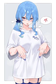Rule 34 | 1girl, absurdres, anger vein, asymmetrical sidelocks, blue eyes, blue hair, blue thighhighs, bluefield, commentary, double-parted bangs, garter straps, hair between eyes, highres, hololive, hoshimachi suisei, long hair, looking at viewer, low side ponytail, medium hair, no pants, oversized clothes, oversized shirt, shirt, sidelocks, simple background, solo, spoken anger vein, star (symbol), star in eye, symbol in eye, t-shirt, thighhighs, virtual youtuber, white shirt