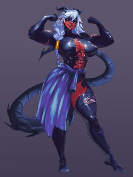 1girl abs absurdres arms_up atta_(warrior_atta) black_shirt black_skin black_thighhighs blue_eyes blue_skirt braid breasts colored_skin commission dragon_girl dragon_horns dragon_tail dragoskuro flexing full_body grey_background grin hair_tubes half-skirt highres horns large_breasts low_side_ponytail multiple_horns muscular muscular_female original pointy_ears red_skin scales shirt simple_background single_braid single_hair_tube skirt smile solo standing tail thighhighs torn_clothes torn_shirt torn_thighhighs white_hair