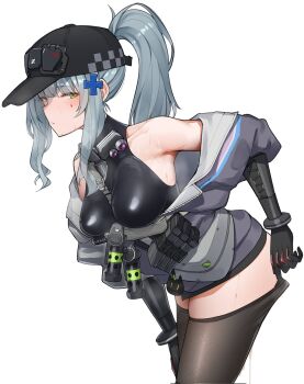 1girl aftersex bare_shoulders baseball_cap black_bodysuit black_thighhighs blue_hair blush bodysuit breasts closed_mouth commentary_request cross_hair_ornament cum cumdrip explosive flashbang from_side girls'_frontline girls'_frontline_2:_exilium green_eyes grenade hair_ornament half-closed_eyes hat highres hk416_(girls'_frontline) jacket klukai_(girls'_frontline_2) leaning_forward long_hair looking_at_viewer magazine_(weapon) multicolored_jacket off_shoulder partially_unzipped ponytail purple_jacket ringobatake sidelocks simple_background sleeveless_turtleneck_bodysuit solo sweat tattoo teardrop teardrop_facial_mark teardrop_tattoo thighhighs thighhighs_pull two-tone_jacket white_background white_jacket