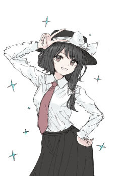 1girl black_eyes black_hair black_hat bow collar grin hair_bow hand_on_own_hat hand_on_own_leg happy hat hat_bow highres kashiwada_kiiho long_sleeves multicolored_eyes necktie red_eyes shirt short_hair simple_background sleeve_cuffs smile solo sparkle standing touhou two-tone_eyes usami_renko v white_background white_bow white_collar white_shirt