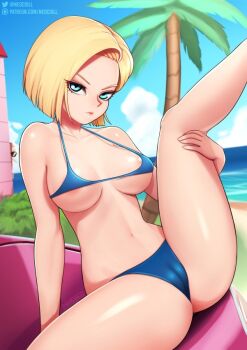 10s 1boy 1girl android_18 areola_slip armpits arms_behind_head artist_name bald beach beard bikini blonde_hair blue_bikini blue_eyes breasts breasts_apart cameltoe cloud coconut_tree day dragon_ball dragon_ball_super dragonball_z dutch_angle eyes_visible_through_hair facial_hair house kame_house leg_hold leg_up looking_at_another looking_at_viewer medium_breasts micro_bikini mustache muten_roushi navel neocoill ocean old old_man outdoors palm_tree peeking peeking_out shiny_skin short_hair sky solo_focus spread_legs summer sunglasses swimsuit tree watermark web_address
