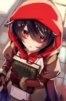 1girl :o absurdres black_hair book hugging_book brown_coat brown_dress brown_gloves cape coat dress from_above gloves hair_between_eyes highres holding holding_book hood hood_up hooded_cape hugging_object juliet_sleeves long_sleeves looking_at_viewer mondlicht_(reverse:1999) pov puffy_sleeves pulling red_eyes red_hood reverse:1999 sanekichi short_hair solo upper_body