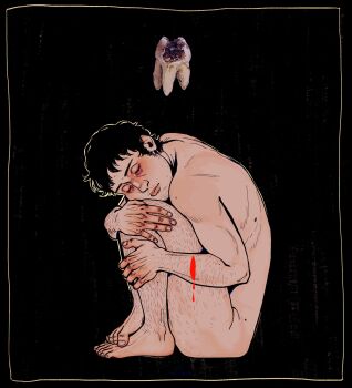 Rule 34 | 1boy, arm hair, barefoot, beard stubble, black hair, bleeding, blood, body hair, cavity, closed eyes, commentary, cry of fear, curled up, english commentary, facial hair, fetal position, full body, highres, hugging own legs, male focus, nude, self-harm, short hair, simon henriksson, solo, stubble, tooth, ttwicoff, wrist cutting