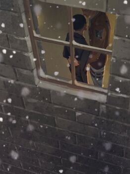 Rule 34 | 2boys, arm around waist, black hair, black pants, blue eyes, brown jacket, closed mouth, collared shirt, commentary request, erwin smith, grey jacket, highres, jacket, kasagana i, levi (shingeki no kyojin), long sleeves, looking at another, male focus, multiple boys, pants, shingeki no kyojin, shirt, snowing, standing, survey corps (emblem), thigh strap, white pants, white shirt, window, wing collar, yaoi