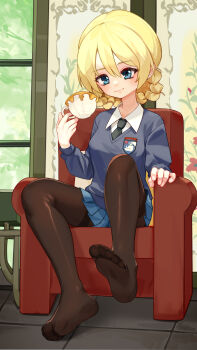 1girl absurdres black_necktie black_pantyhose blonde_hair blue_eyes blue_skirt blue_sweater braid chair closed_mouth commentary_request cup darjeeling_(girls_und_panzer) double-parted_bangs full_body girls_und_panzer hair_between_eyes highres holding holding_cup kourou_(kouroukun) long_hair necktie no_shoes pantyhose pleated_skirt sitting skirt solo sweater teacup wing_collar