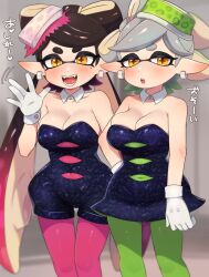 Rule 34 | 2girls, :d, :o, alternate breast size, bare shoulders, black hair, blue dress, blue jumpsuit, blush, bow-shaped hair, breasts, callie (splatoon), cleavage, collar, commentary request, cowboy shot, detached collar, dress, earrings, fangs, gloves, gradient hair, green hair, green pantyhose, grey hair, half-closed eyes, hand on own hip, hand up, hoop earrings, inkling, jewelry, jumpsuit, kinakosuki, large breasts, long hair, marie (splatoon), mole, mole under eye, motion lines, multicolored hair, multiple girls, nintendo, open mouth, orange pupils, pantyhose, pink hair, pink pantyhose, pointy ears, short hair, short jumpsuit, smile, splatoon (series), splatoon 1, standing, star-shaped pupils, star (symbol), strapless, strapless dress, suction cups, swept bangs, symbol-shaped pupils, tentacle hair, thick eyebrows, translation request, twintails, v-shaped eyebrows, very long hair, waving, white collar, white gloves, yellow eyes