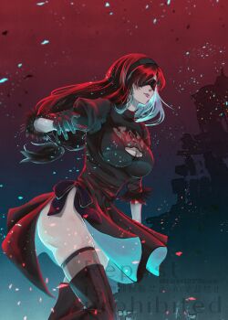 1girl 2b_(nier:automata) 2b_(nier:automata)_(cosplay) absurdres ass black_boots black_dress black_gloves black_hair blindfold boots breasts cleavage cleavage_cutout closed_mouth clothing_cutout commentary_request cosplay dress feather-trimmed_sleeves feet_out_of_frame final_fantasy final_fantasy_vii final_fantasy_vii:_ever_crisis gloves gradient_hair highres juliet_sleeves large_breasts lipgloss lips long_hair long_sleeves low-tied_long_hair multicolored_hair nier:automata nier_(series) official_alternate_costume pink_lips puffy_sleeves rain1217love side_slit solo thigh_boots thighs tifa_lockhart turtleneck turtleneck_dress