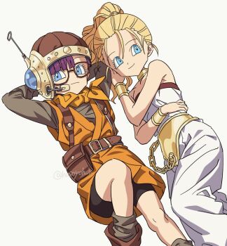 2girls arms_behind_head baggy_pants bare_shoulders belt bike_shorts black_shorts blonde_hair blue_eyes blunt_bangs boots breasts brown_boots brown_shirt brown_socks chrono_trigger closed_mouth feet_out_of_frame glasses gold_belt gold_bracer gold_choker harness headset helmet hosodayo long_hair long_sleeves lucca_ashtear marle_(chrono_trigger) medium_breasts multiple_girls neckerchief orange_neckerchief orange_tunic pants ponytail purple_hair romper shirt short_hair shorts smile socks toriyama_akira_(style) tunic twitter_username white_background white_romper