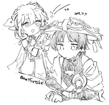 1boy 1girl armlet armor blunt_ends bodysuit bracelet braid bridal_gauntlets cape choppy_bangs clenched_hand closed_mouth cross-shaped_pupils dated detached_sleeves dress gem genshin_impact graphite_(medium) greyscale half_crown_braid hands_up hat japanese_armor japanese_clothes jewelry jingasa kimono kote looking_at_another looking_down mandarin_collar middle_ring monochrome nahida_(genshin_impact) onu5mochini open_clothes open_kimono open_mouth parted_bangs pointy_ears scaramouche_(genshin_impact) shoulder_peek sidelocks sitting symbol-shaped_pupils traditional_media twitter_username vision_(genshin_impact) wanderer_(genshin_impact)