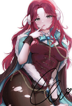 1girl black_eyes bow bowtie breasts brown_coat brown_pantyhose chain coat coat_on_shoulders commission cowboy_shot dress ella_7737 finger_to_mouth highres large_breasts long_hair looking_at_viewer open_mouth original pantyhose parted_bangs red_dress red_hair simple_background solo torn_clothes torn_pantyhose vgen_commission white_background