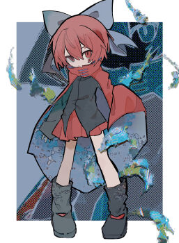 1girl absurdres black_boots black_shirt blue_ribbon boots cloak closed_mouth full_body hair_between_eyes hair_ribbon highres legs_apart red_cloak red_eyes red_hair ribbon sekibanki shirt short_hair sleeves_past_wrists solo soresaki standing touhou