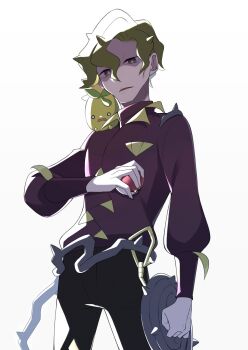 1boy black_pants brassius_(pokemon) bright_pupils commentary_request cowboy_shot green_hair grey_eyes hair_between_eyes highres holding holding_poke_ball ictn_s jacket long_sleeves male_focus nintendo on_shoulder pants parted_lips poke_ball poke_ball_(basic) pokemon pokemon_(creature) pokemon_on_shoulder pokemon_sv short_hair simple_background smoliv whip white_background white_pupils