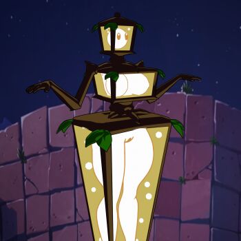 1girl bra branch breasts comparison glowing grey_background hands_up highres humanization lantern large_breasts leaf makiukz monster_girl night night_sky nipples nude on_roof plant_girl plantern_(plants_vs._zombies) plants_vs._zombies pubic_hair pussy simple_background sky sparks underwear wide_hips