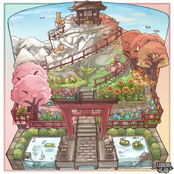 ! 1girl acorn bird bug bush cat cherry_blossoms chigu chipmunk commentary_request commission crow diorama dragonfly flower fox frog garden hill hydrangea insect kerberos_blade koi lily_pad mushroom musical_note scenery seasons shrine snowing squirrel stone_lantern stone_walkway sunflower torii tulip