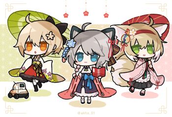 :d :o akebi_(kakororo) animal_ears arknights black_hakama blonde_hair blue_eyes bobby_socks book cat_ears cat_girl chibi chibi_only commentary_request dango food fox_ears fox_girl green_eyes grey_hair hairband hakama hakama_skirt holding holding_book holding_skewer holding_umbrella japanese_clothes kimono lens_(arknights) mint_(arknights) mint_(tsukiyoi)_(arknights) official_alternate_costume oil-paper_umbrella open_mouth orange_eyes pink_kimono red_hairband red_skirt red_umbrella scene_(arknights) scene_(betsushi)_(arknights) skewer skirt smile socks suzuran_(arknights) suzuran_(yukibare)_(arknights) umbrella wagashi white_kimono