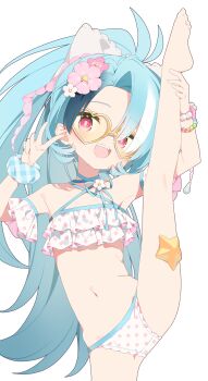 1girl :d absurdres barefoot bead_bracelet beads bikini blue_hair blue_scrunchie blush bracelet commentary commission cowboy_shot detached_sleeves feet flat_chest flower glasses hair_flower hair_ornament heart heart-shaped_eyewear highres indie_virtual_youtuber jewelry leg_up long_hair looking_at_viewer multicolored_hair navel open_mouth pink_flower polka_dot polka_dot_bikini red_eyes scrunchie simple_background skeb_commission smile solo split standing standing_on_one_leg standing_split streaked_hair swimsuit teeth toes two-tone_hair upper_teeth_only urotsuki_(ku9625) v virtual_youtuber white_background white_bikini white_hair wrist_scrunchie yellow-framed_eyewear zenya_hima