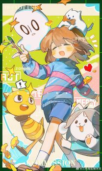 ! 1other absurdres androgynous animal animal_on_head ankle_socks annoying_dog black_border blue_shirt blue_shorts blue_sweater blunt_bangs blush_stickers bone border brown_footwear brown_hair buttercup_(flower) closed_eyes colorful_background dog dog_on_head dot_nose floating_hair flower frisk_(undertale) full_body ghost happy heart highres holding holding_stick knees leaf loafers long_sleeves monster monster_kid_(undertale) napstablook notice_lines on_head open_mouth other_focus outside_border petals puffy_long_sleeves puffy_sleeves sample_watermark sanse_haiyan_baomihua shirt shoes short_hair shorts smile socks spoken_exclamation_mark stick striped_clothes striped_sweater sweater temmie turtleneck turtleneck_sweater undertale utdr_(toby_fox) walking watermark weibo_watermark white_dog white_socks yellow_flower