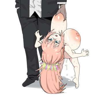 1boy 1girl alternate_breast_size_(larger) ass blue_eyes breasts carrying carrying_person citizen_k_(pngj5475) clothed_male_nude_female condom condom_belt cum cumdrip full_body goofy_ahh grabbing_another&#039;s_breast groping hanging_breasts head_out_of_frame height_difference highres huge_breasts long_hair michinoku_komaro multiple_condoms nude oppai_loli pink_hair seitokai_ni_mo_ana_wa_aru! simple_background used_condom very_long_hair white_background