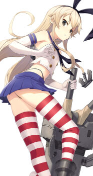 1girl absurdres anchor_hair_ornament ass black_panties blonde_hair bow commentary_request contrapposto elbow_gloves from_behind gloves grey_eyes hair_bow hair_ornament hairband highleg highleg_panties highres itou_(onsoku_tassha) kantai_collection long_hair looking_back midriff open_mouth panties pleated_skirt redrawn rensouhou-chan shimakaze_(kancolle) sidelocks simple_background skirt solo standing string_panties striped_clothes striped_thighhighs thighhighs underwear white_background white_gloves