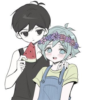 2boys :d :t antenna_hair aqua_eyes aqua_hair arms_at_sides bare_arms bare_shoulders basil_(headspace)_(omori) basil_(omori) black_eyes black_hair black_tank_top blue_flower blue_overalls blue_rose blush buttons closed_mouth collarbone colored_skin double-parted_bangs eating empty_eyes film_grain flipped_hair flower flower_wreath food fruit green_shirt hair_behind_ear hair_between_eyes hand_on_another&#039;s_shoulder hands_up hashtag-only_commentary head_wreath highres holding holding_food holding_fruit jitome looking_at_viewer male_focus multiple_boys no_pupils omori omori_(omori) open_mouth overalls pale_skin pink_flower pocket purple_flower red_flower red_rose rose shirt short_hair short_sleeves sidelocks simple_background smile tank_top teeth tongue upper_body upper_teeth_only very_short_hair watermelon watermelon_slice white_background white_skin wktdms1