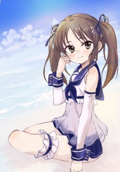 Rule 34 | 1girl, beach, blue sky, blush, brown eyes, brown hair, commentary request, flat chest, frilled thigh strap, highres, idolmaster, idolmaster cinderella girls, long hair, looking at viewer, sailor collar, shin fuj, sitting, sky, smile, solo, tachibana arisu, thigh strap, twintails, water