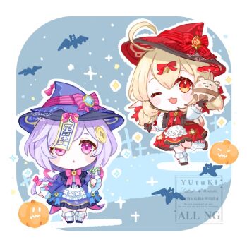 2girls ;d ahoge blonde_hair blush bow bowtie brown_gloves commentary cosplay cryo_symbol_(genshin_impact) dress flower genshin_impact gloves hair_between_eyes hair_bow hand_up hat holding holding_flower jumpy_dumpty klee_(blossoming_starlight)_(genshin_impact) klee_(genshin_impact) klee_(genshin_impact)_(cosplay) multiple_girls ofuda ofuda_on_head one_eye_closed open_mouth parted_lips purple_bow purple_bowtie purple_dress purple_eyes pyro_symbol_(genshin_impact) red_bow red_bowtie red_eyes red_hat red_skirt signature skirt smile symbol-only_commentary twitter_username violetgrass vision_(genshin_impact) witch_hat yutukicom