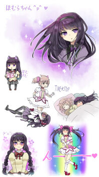 Rule 34 | 2girls, akemi homura, akemi homura (magical girl), animal ears, bed, black hair, blanket, blush, bow, braid, camera, cat ears, closed eyes, cosplay, costume switch, duel love, glasses, hair bow, hairband, heaven condition, highres, homu, kaname madoka, kaname madoka (cosplay), kaname madoka (magical girl), long hair, magical girl, mahou shoujo madoka magica, mahou shoujo madoka magica (anime), multiple girls, pantyhose, pillow, pink hair, purple eyes, red-framed eyewear, school uniform, shared blanket, short hair, short twintails, skirt, sleeping, smile, sparkle, stuffed animal, stuffed toy, time stop, translation request, twin braids, twintails, under covers, yunare, yuri