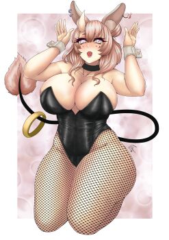 1girl absurdres animal_ears blush breasts curvy demon_tail highres huge_breasts ivyningyo large_breasts okami_no_yuusha oni open_mouth original pink_hair rabbit_ears rabbit_girl rabbit_pose short_hair simple_background smile solo tail thick_thighs thighs