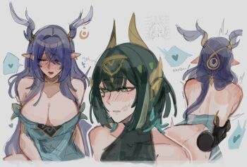 2girls antlers bare_shoulders black_gloves blue_hair blush breasts bright_pupils cleavage closed_mouth colored_speech_bubble commentary covered_collarbone cowboy_shot deer_antlers dress earrings english_text eni_(enidaisy69) eyelashes fang fang_out from_behind genshin_impact gloves green_dress green_eyes green_hair green_streaks grey_background grey_outline hair_between_eyes hair_ornament hair_over_one_eye hairband hashtag-only_commentary heart highres horns jewelry large_breasts lauma_(genshin_impact) lipstick_mark_on_cheek long_hair looking_to_the_side medium_hair mole mole_under_eye multiple_girls nefer_(genshin_impact) nose open_mouth outline parted_lips pointy_ears portrait sex sex_from_behind shoulder_blush simple_background sketch_inset speech_bubble spoken_heart sweat tears upper_body white_pupils yuri