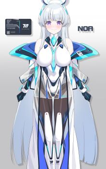 Rule 34 | 1girl, bare shoulders, black pantyhose, blue archive, blush, breasts, concept art, halo, headgear, highres, large breasts, long hair, looking at viewer, magical girl, mechanical halo, noa (blue archive), pantyhose, purple eyes, smile, solo, strelka belca, very long hair, white hair, white halo