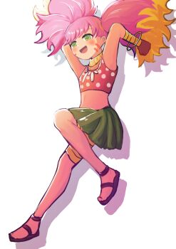 1girl absurdres arms_up bracelet fossil_fighters fossil_fighters_champions green_eyes green_skirt highres jewelry mei20011017 necklace open_mouth pauleen_(fossil_foghters) pink_hair simple_background skirt sleeveless solo white_background
