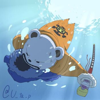Rule 34 | 2boys, bear, bepo (one piece), commentary request, full body, heart pirates jolly roger, highres, holding, holding sword, holding weapon, jumpsuit, male focus, multiple boys, one piece, orange jumpsuit, sharp teeth, sword, teeth, trafalgar law, twitter username, u ta p, underwater, weapon