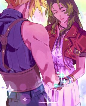 1boy 1girl aerith_gainsborough arm_belt armor bangle belt black_gloves black_pants blonde_hair blue_shirt bracelet brooch brown_belt brown_hair buttons choker closed_eyes closed_mouth cloud_strife couple crying dress earrings emi-bianchi final_fantasy final_fantasy_vii final_fantasy_vii_rebirth final_fantasy_vii_remake flower_brooch flower_choker gloves gold_bangle hetero highres holding_hands jacket jewelry long_hair multiple_bracelets pants parted_bangs pauldrons pink_dress red_jacket ribbed_shirt shirt short_hair short_sleeves shoulder_armor sidelocks silver_bangle single_bare_shoulder single_earring single_pauldron sleeveless sleeveless_turtleneck smile sparkle suspenders tears turtleneck twitter_username upper_body