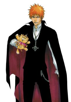 2boys bleach brown_eyes cape chain chain_necklace holding holding_stuffed_toy jewelry kon_(bleach) kubo_tite kurosaki_ichigo multiple_boys necklace official_art orange_hair pants short_hair simple_background spiked_hair standing stuffed_animal stuffed_lion stuffed_toy teeth vampire_costume white_background
